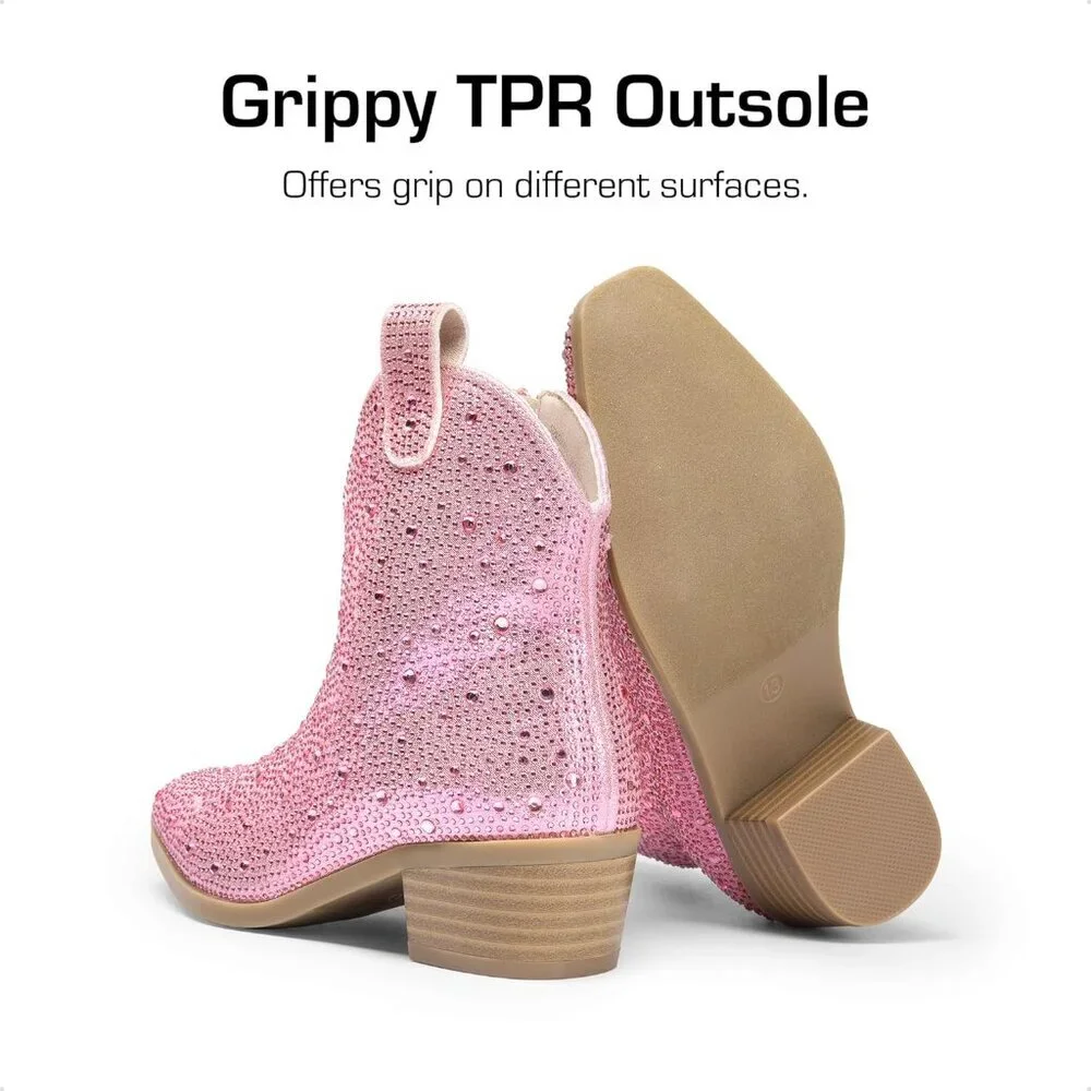 ⚡Girls Pink Cowgirl Rhinestone Zipper Boots Ankle Low Heel Dress Booties